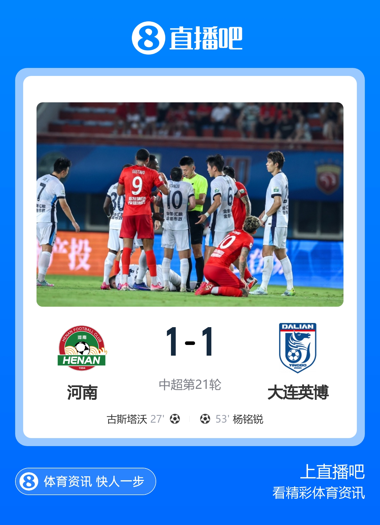 英博客场1-1河南升至第三 杨铭锐替补扳平 英博客场1-1河南升至第三 杨铭锐替补扳平